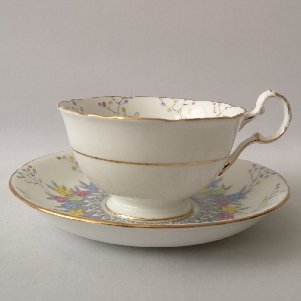 Rare Vintage Grafton Frinton China Teacup & Saucer Pink Blue Yellow Green Gray